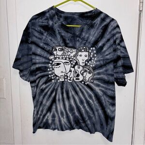 Blue Tie Dye Graphic Tee with Abstract Faces